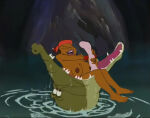 1girl 2026 big_breasts breasts closed_eyes comedy_central crocodile crossover disney drawn_together feet foxxy_love hat laugh laughing nipples peter_pan toes tongue tongue_out vore wheelwave88
