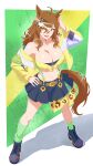 1girl absurd_res ahoge alternate_breast_size_(larger) animal_ears bandeau bare_shoulders big_breasts blue_skirt braid breasts brown_hair cleavage collarbone commentary english_commentary fang green_socks hair_between_eyes hair_ornament hairclip half_up_half_down_braid high_res horse_ears horse_girl horse_tail jacket jewelry jungle_pocket_(umamusume) long_sleeves looking_at_viewer medium_hair mergeritter navel notched_ear open_clothes open_mouth skirt smile socks tail teeth umamusume umamusume_pretty_derby yellow_bandeau yellow_eyes yellow_jacket
