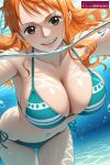  1girl :d ai_assisted ai_generated air_bubble bangs big_breasts bikini breasts brown_eyes bubble cleavage collarbone female female_only leaning_forward long_hair looking_at_viewer nami_(one_piece) navel ocean one_piece open_mouth orange_eyes orange_hair outside partially_submerged side-tie_bikini_bottom sky smile solo stelmazura stomach swimsuit tattoo teeth underwater water 