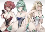  3_girls absurd_res alluring big_breasts bikini chascoby green_eyes grey_hair high_res multiple_girls mythra_(xenoblade) one-piece_bikini pneuma_(xenoblade) pyra_(xenoblade) red_eyes red_hair xenoblade_(series) xenoblade_chronicles_2 