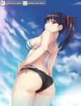  ass beach bikini black_bikini_bottom black_hair blue_eyes closed_mouth eyebrows_visible_through_hair looking_at_viewer looking_back medium_breasts non-nude side-tie_bikini sky ssss.gridman standing takarada_rikka tiger_print vodka13 