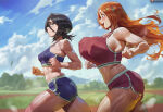 2_girls alluring bare_shoulders big_breasts black_hair bleach blue_sky blue_sports_bra blush bouncing_breasts cloud covered_erect_nipples day from_side hair_between_eyes hair_ornament inoue_orihime kuchiki_rukia long_hair midriff multiple_girls navel open_mouth orange_hair outside running shexyo short_hair short_shorts shorts sideboob sky small_breasts smile sports_bra sweat thighs unaligned_breasts watermark web_address