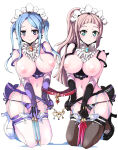  1girl 2_girls alluring areola big_breasts blue_hair blush breasts_out brown_hair echizen_(hvcv) felicia_(fire_emblem) fire_emblem fire_emblem_fates flora_(fire_emblem) green_eyes intelligent_systems kneel long_hair looking_at_viewer maid_headdress multiple_females multiple_girls navel nipples panties parted_lips puffy_nipples purple_eyes silf silfs sisters smile stockings underwear 