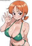 ai_generated big_breasts bikini brown_eyes fellatio_gesture grin huge_breasts light-skinned_female light_skin lilabratt looking_at_viewer massive_breasts nami nami_(one_piece) one_piece orange_hair short_hair solo_female squatting sweat sweatdrop thick_body thick_female twin_tails voluptuous voluptuous_female