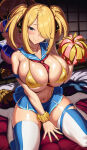  1girl big_breasts bikini blonde_hair blue_eyes bubble_butt cleavage cynthia cynthia_(pokemon) horny humans_of_pokemon inviting_to_sex kook looking_at_viewer on_bed pokemon pokemon_(anime) pokemon_(game) pose shirona shirona_(pokemon) sitting stockings swimsuit teasing thick_thighs 