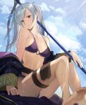 1girl alluring bare_shoulders barefoot bikini blue_sky brown_eyes brown_gloves cleavage cloud day feet female_focus fire_emblem fire_emblem_awakening fire_emblem_heroes fire_emblem_warriors gloves high_res intelligent_systems kyufe long_sleeves looking_at_viewer medium_breasts navel nintendo o-ring o-ring_bikini off_shoulder outside polearm purple_bikini robe robin_(fire_emblem) robin_(fire_emblem)_(female) robin_(summer)_(fire_emblem)_(female) sitting sky soles spear sweat sweatdrop swimsuit thigh_strap toes twin_tails under_boob weapon white_hair