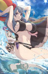  2_girls alluring arm_up arms_behind_head arms_up ball beachball big_breasts bikini black_bikini blue_eyes blue_sky byleth_(fire_emblem) byleth_(fire_emblem)_(female) byleth_(summer)_(fire_emblem)_(female) cleavage cloud dagger fire_emblem fire_emblem:_three_houses fire_emblem_heroes flower green_eyes green_hair hair_flower hair_ornament high_res intelligent_systems knife magister multiple_girls navel nintendo official_alternate_costume parted_lips partially_submerged rhea_(fire_emblem) rhea_(summer)_(fire_emblem) sky splashing sun swimsuit tassel teal_hair thighs water weapon white_bikini 