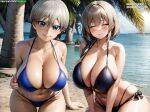  2_girls ai_generated bikini blue_eyes breasts cleavage female_only hips huge_breasts long_hair mature_female milf milf mnemosynekoto mother_&amp;_daughter outside panda_ai short_hair thick_thighs thighs uzaki-chan_wa_asobitai! uzaki_hana uzaki_tsuki white_hair wide_hips 