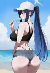1girl ai_generated ass back back_view beach blue_archive blush breasts cap clothed clothed_female halo huge_ass huge_breasts ice_cream light-skinned_female light_skin long_hair looking_at_viewer looking_back outside ponytail saori_(blue_archive) sweat sweatdrop sweating thick_thighs thighs truck-kun_art