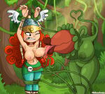 1girl 2_girls barbara_(rayman) barbarian big_breasts big_breasts breasts breasts_out busty_female crossover dominant dominant_female domination female/female green_body helmet hips hips_wider_than_shoulders impy's_island jungle licking_breast licking_nipples nipples plant plant_girl plant_humanoid princess_(rayman) rayman_(series) red_hair skirt small_breasts tentacle thick_lips thick_thighs thighs unknowndraw6798 yuri