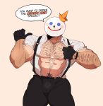 1boy 1girl balls bara big_pecs bulge chest_hair flaccid gloves hairy hokawazu jack_box jack_in_the_box male male_only mascot mascot_head muscle muscular muscular_chest muscular_male penis solo_male speech_bubble tan_line unbuttoned_shirt yaoi