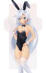  1girl 1girl a_(xenoblade) absurd_res alluring animal_ears black_bow black_bowtie black_leotard blue_eyes bow bowtie daenu detached_collar feet_out_of_frame grey_hair hair_intakes high_res leotard long_hair looking_at_viewer messy_hair playboy_bunny rabbit_ears small_breasts stockings strapless strapless_leotard white_thighhighs wrist_cuffs xenoblade_(series) xenoblade_chronicles_3 xenoblade_chronicles_3:_future_redeemed 