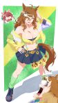  3_girls absurd_res ahoge alternate_breast_size_(larger) animal_ears bandeau bare_shoulders big_breasts blue_skirt bow braid breasts brown_eyes brown_hair cleavage collarbone commentary dantsu_flame_(umamusume) ear_covers ear_ribbon english_commentary fang green_socks hair_between_eyes hair_ornament hairband hairclip half_up_half_down_braid high_res horse_ears horse_girl horse_tail jacket jewelry jungle_pocket_(umamusume) long_sleeves looking_at_viewer medium_hair mergeritter multicolored_hair multiple_girls navel notched_ear open_clothes open_mouth pink_hairband skirt smile socks solo_focus tail teeth umamusume white_hair yellow_bandeau yellow_eyes yellow_jacket 