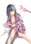  1girl 1girl ahoge alluring areola_slip black_hair blush closed_mouth collarbone earrings feet_out_of_frame floral_print high_res hoop_earrings japanese_clothes jewelry kimono kimono_pull looking_at_viewer naked_kimono print_kimono pulling_own_clothes purple_eyes purple_kimono shisui_ao short_hair short_kimono silf sitting smile smug striped_clothes striped_kimono vertical-striped_clothes vertical-striped_kimono wide_sleeves yahari_ore_no_seishun_lovecome_wa_machigatteiru. yukata yukinoshita_haruno 