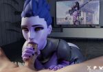  1boy 1girl 2hour2 3d 3d_(artwork) amelie_lacroix black_nail_polish blizzard_entertainment blue_hair digital_media digital_media_(artwork) fellatio female_focus french french_female light-skinned_male light_skin nail_polish overwatch pale-skinned_male pale_skin partially_clothed penis purple_skin sucking sucking_penis tagme widowmaker widowmaker_(overwatch) widowmaker_(overwatch_2_suit) yellow_eyes 