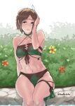  1girl 1girl alluring bikini blue_eyes blush brown_hair circlet cleavage_cutout clothing_cutout day doodletofuu feather_hair_ornament female_focus fire_emblem fire_emblem_awakening fire_emblem_heroes flower green_bikini hair_ornament hand_in_own_hair high_res intelligent_systems medium_breasts multicolored_bikini nintendo noire_(fire_emblem) noire_(shade_seeker)_(fire_emblem) parted_lips red_flower short_hair sitting swimsuit twitter_username two-tone_bikini yellow_flower 