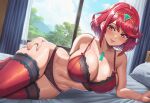  1girl 1girl alluring bedroom bedroom_eyes big_breasts blush cleavage curtains day female_only hand_on_hip lace-trimmed_bra lace-trimmed_panties lace-trimmed_thighhighs lace_trim lingerie lying lying_on_bed lying_on_side monolith_soft nintendo on_bed pillow pink_lips pyra_(xenoblade) red_eyes red_hair seductive seductive_eyes seductive_smile short_hair tiara vermadis2x voluptuous voluptuous_female wide_hips xenoblade_(series) xenoblade_chronicles_2 