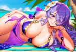  1girl 1girl alluring apprenticedomini armlet bare_shoulders beach big_breasts bikini blush bracelet camilla_(fire_emblem) camilla_(tropical_beauty)_(fire_emblem) cleavage closed_mouth collarbone day elbow_rest eyebrows_visible_through_hair eyes_visible_through_hair female_only fire_emblem fire_emblem_fates fire_emblem_heroes fire_emblem_warriors floral_print flower hair_flower hair_ornament hair_over_one_eye hand_on_own_cheek hand_on_own_face hand_on_own_leg hand_on_own_thigh head_rest horizon img2img inpainted intelligent_systems island jewelry long_hair looking_at_viewer lying navel non-web_source o-ring o-ring_bikini ocean on_side on_towel outside palm_tree purple_bikini purple_eyes purple_hair purple_sarong purple_swimsuit sand sarong smile stomach sweat swimsuit thighs towel tree very_long_hair water wavy_hair white_flower 