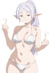  ai_generated bare_thighs bikini elf elf_ears elf_female frieren green_eyes grin huge_thighs light-skinned_female light_skin lilabratt looking_at_viewer mature_female medium_breasts middle_finger ponytail solo_female sousou_no_frieren squatting sweat sweatdrop thick_body thick_female thick_thighs thighs voluptuous voluptuous_female white_hair 
