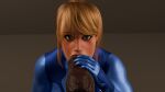 1girl 1girls 3d 3d_(artwork) blender blonde_hair blowjob_face blungusr18 bodysuit cock_worship dark-skinned_male deepthroat digital_media digital_media_(artwork) dildo eye_contact fellatio horsecock looking_at_dildo looking_at_viewer male metroid penis samus_aran scrag_samus simple_background tagme