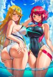 1girl 2_girls alluring big_breasts cameltoe hand_on_head hands_on_ass long_hair monolith_soft mythra_(radiant_beach)_(xenoblade) mythra_(xenoblade) nintendo ocean one-piece_bikini partially_submerged partially_visible_vulva penis pink_lips pink_nails presenting_ass presenting_hindquarters pussy pyra_(pro_swimmer)_(xenoblade) pyra_(xenoblade) red_eyes red_hair seductive_smile short_hair smile smug swimsuit tiara vermadis2x voluptuous voluptuous_female water wet wet_bikini wet_body wet_skin wide_hips xenoblade_(series) xenoblade_chronicles_2 yellow_eyes yellow_hair