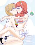 ! 1girl 2_girls alluring alm_(fire_emblem) beach big_breasts bikini blush brown_hair celica_(fire_emblem) closed_eyes faye_(fire_emblem) fire_emblem fire_emblem_echoes:_shadows_of_valentia fire_emblem_gaiden idafkun intelligent_systems kissing long_hair making_out medium_breasts orange_hair sea sitting_on_lap smile summer swimsuit yuri