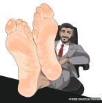 1boy 2026 art_of_tickling barefoot black_hair chairman_rose clothed detailed_feet foot_fetish game_freak green_eyes human male male_feet male_foot_fetish nintendo no_visible_genitalia pokemon pokemon_ss revealyoursins sitting sitting_on_chair solo_human solo_male sweaty_feet