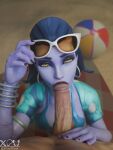  1boy 1girl 1girls 2hour2 3d 3d_model 3d_render amelie_lacroix beach beach_ball beach_towel bikini_top blender blizzard_entertainment blowjob_face blue_hair cote_d'azur_widowmaker digital_media_(artwork) ear_piercing earrings eye_contact eyebrows eyelashes eyeshadow eyewear eyewear_on_head fellatio glasses jewelry just_the_tip lipstick male nail_polish nails on_knees oral overwatch overwatch_2 penis petite pov pov_eye_contact purple_body purple_skin red_lipstick sand seductive_eyes seductive_mouth slim sucking sucking_penis sucking_tip summer_games_series sunglasses tagme widowmaker widowmaker_(overwatch) yellow_eyes 