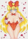 1girl adult_swim alluring bishoujo_senshi_sailor_moon bishoujo_senshi_sailor_moon_r bishoujo_senshi_sailor_moon_r_the_movie bishoujo_senshi_sailor_moon_s bishoujo_senshi_sailor_moon_s_the_movie bishoujo_senshi_sailor_moon_supers bishoujo_senshi_sailor_moon_supers_the_movie blonde_hair blue_eyes bow_tie bunny_ears bunny_girl female_only fruit_punch holding_juice_bottle holding_juice_glass leotard looking_at_viewer minako_aino petals rascal_(artist) rascal_(n119) standing strapless_leotard toei_animation toonami viz_media