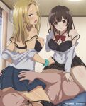 1boy 2_girls arm_support asami_yuuki ass ass_grab back bald bangs bare_legs bare_shoulders bed big_breasts black_bra black_skirt blonde_female blonde_hair blush bow bowtie bra breasts brown_eyes brown_hair cleavage closed_mouth clothed clothed_female clothed_female_nude_male clothed_sex completely_nude completely_nude_male dark_brown_hair earrings eufoniuz eyebrows_visible_through_hair female_moaning ffm_threesome friends from_behind girl_on_top grey_shirt grey_skirt hair_between_eyes hand_up happy happy_sex hetero hige_wo_soru._soshite_joshikousei_wo_hirou. indoors jewelry legs long_hair long_sleeves looking_at_viewer looking_back lying lying_on_back lying_on_bed medium_breasts miniskirt moaning moaning_in_pleasure multiple_girls nipples nude nude_male off_shoulder ogiwara_sayu on_back on_bed open_mouth oral oral_sex parted_bangs plaid plaid_skirt pleated_skirt pussylicking red_bow red_bowtie sayu_ogiwara school_uniform scrunchie sex shirt sideboob sitting sitting_on_person skirt smile spread_legs straight_hair strap_slip teen teenage_girl thighs threesome white_shirt yellow_eyes yuuki_asami