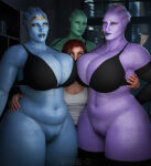 1girl 3d 4girls alien alien_girl artist_name asari big_breasts black_bra black_thighhighs blue_eyes blue_skin bottomless breasts chubby_female cleavage female_only femshep freckles green_skin hand_on_another's_hip height_difference huge_breasts human imminent_yuri larger_female mass_effect navel purple_eyes purple_skin pussy red_eyes red_hair redhead sandreiio side_hug size_difference slightly_chubby surrounded_by_breasts taller_female thick_lips thick_thighs underwear voluptuous watermark wide_hips xenophilia yuri yuri