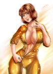 1girl 2d 2d_(artwork) 2d_art 2d_artwork abstract_background april_o'neil april_o'neil_(tmnt_1987) art artist_logo big_breasts blue_eyes breasts brown_hair digital_art digital_artwork_(media) digital_media digital_media_(artwork) female_only flower flowerxl looking_at_viewer seductive_smile short_hair tagme teenage_mutant_ninja_turtles unzipped unzipped_jumpsuit white_background yellow_jumpsuit
