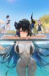  1girl 7girls alluring big_breasts big_breasts bikini black_hair blonde_hair blue_hair blue_nails fuwamoco fuwawa_abyssgard hololive hololive_english hololive_english_-advent- hololive_english_-council- hololive_english_-promise- hololive_myth horn irys irys_(hololive) long_hair looking_at_viewer mococo_abyssgard mori_calliope multiple_females multiple_girls nail_polish nerissa_ravencroft one-piece_bikini orange_hair ouro_kronii pink_hair pool red_eyes red_hair rucarachi sling_bikini smile sunglasses swimming_pool swimsuit virtual_youtuber water white_hair 