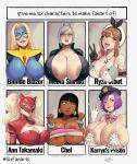  1girl 6girls ann_takamaki atelier_(series) big_breasts big_breasts black_hair blonde_blazer blonde_hair breasts breasts chel cleavage clothed clothing crossover dark-skinned_female dark_skin devil_hs dispatch_(game) ear_piercing eastern_and_western_character female_only glasses grey_hair huge_breasts karryn's_prison karryn_(karryn's_prison) light-skinned_female light_skin long_hair megami_tensei multiple_girls peaked_cap persona persona_5 prison_school purple_hair reisalin_stout shiraki_meiko six_fanarts_challenge the_road_to_el_dorado twin_tails 