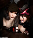 2_girls 3boys 3d asian asian_female before_sex big_breasts black_nail_polish brown_hair dark-skinned_male dark_skin digital_media_(artwork) interracial kiriko_(overwatch) kiriko_kamori lena_oxton light-skinned_female overwatch overwatch_2 red_nail_polish sadocrimson3d tagme tracer