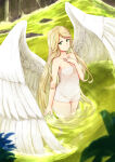  1girl 1girl alluring angel_wings bath bathing blackma_(pagus0012) blonde_hair collarbone feathered_wings fire_emblem fire_emblem:_radiant_dawn fire_emblem_heroes green_eyes hand_on_own_chest high_res intelligent_systems leanne_(fire_emblem) long_hair medium_breasts naked_towel nintendo onsen partially_submerged rock smile towel wading water white_wings wings 
