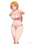  1girl 1girl absurd_res alluring artist_name bare_shoulders big_breasts bleach bleach:_epilogue bra brown_eyes collarbone commission female_focus high_res inoue_orihime legs_together light_blush lips long_hair looking_at_viewer mature_female navel orange_hair panties pink_bra pink_panties ririvart simple_background solo_focus standing stomach sweatdrop twitter_username underwear white_background 