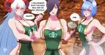  1girl 3_girls alluring apron bare_shoulders bare_thighs big_breasts black_eyes black_hair blue_eyes blue_hair blush cleavage collarbone embarrassed english_text female_only fire_emblem fire_emblem_heroes freyja_(fire_emblem) grey_hair holding_cup holding_object holding_pen hourglass_figure iced_latte_with_breast_milk ihsnet kiran_(fire_emblem) kiran_(fire_emblem)_(female) lips long_hair looking_at_viewer medium_breasts meme multicolored_hair multiple_females multiple_girls naked_apron nifl_(fire_emblem) nintendo pen red_eyes short_hair sideboob smile text thighs very_long_hair wide_hips 