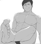 anime aomine_daiki foot grinning human kuroko's_basketball kuroko_no_basuke male_feet male_foot_fetish monochrome muscular muscular_male saliva saliva_on_toes short_hair solo_human solo_male tea_pond toes underwear underwear_only white_background