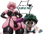 1boy 1futa ai_generated antennae balls bare_thighs big_balls big_penis black_eyes boku_no_hero_academia femdom futanari futanari_on_male gigantic_breasts green_eyes green_hair grin huge_balls huge_breasts huge_cock huge_thighs izuku_midoriya light-skinned_male light_skin looking_down low-angle_view majorthicc massive_breasts mina_ashido my_hero_academia penis pink_body pink_hair pink_skin short_hair squatting sweat sweatdrop thick_body thick_female thick_thighs thighs veiny_penis voluptuous voluptuous_female yellow_pupils