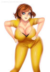 1girl abstract_background april_o'neil april_o'neil_(tmnt_1987) blue_eyes bra brown_hair flowerxl grabbing_own_breast huge_breasts jumpsuit light-skinned_female looking_at_viewer nickelodeon short_hair teenage_mutant_ninja_turtles thighs white_background yellow_jumpsuit