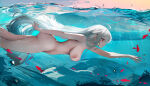 1girl animal arknights breasts female fish gray_hair long_hair nipples nude omone_hokoma_agm red_eyes skadi_(arknights) solo swimming underwater water