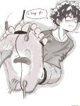 1boy 2025 barefoot blush boku_no_hero_academia brush dubious_consent foot_fetish izuku_midoriya licking_foot licking_toes male male_feet male_foot_fetish male_tickling matthewd midoriya_izuku monochrome my_hero_academia resisting short_hair speech_bubble sweating tickle_fetish tickling toes toes_tied