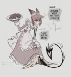 2_boys alastor_(hazbin_hotel) annoyed clothed_sex craxkers crossdressing demon_tail fellatio hazbin_hotel lucifer_morningstar_(hazbin_hotel) maid maid_apron maid_headdress maid_uniform monochrome stealth_sex unseen_character yaoi