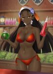  1girl 1girl absurd_res alluring alternate_costume anisse_(fire_emblem) bare_arms bare_shoulders big_breasts bikini bottle brown_eyes brown_hair cleavage collarbone commission commissioner_upload dark-skinned_female dark_skin fingernails fire_emblem fire_emblem_engage gluteal_fold hands_up high_res holding holding_bottle indoors intelligent_systems long_fingernails long_hair looking_at_viewer navel nintendo non-web_source orange_bikini potion red_bikini red_nails redkite333 shop side-tie_bikini_bottom stomach swimsuit thick_thighs thighs very_dark_skin 