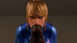 1girl 1girl 1girls 3d 3d_(artwork) blender blonde_hair blowjob_face blungusr18 bodysuit cock_worship dark-skinned_male deepthroat dildo eye_contact eyes_crossed eyes_rolling_back fellatio horsecock huge looking_at_dildo looking_at_viewer male metroid mind_break penis samus_aran scrag_samus simple_background tagme