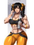 1girl alluring athletic_female black_hair brown_eyes female_abs fit_female gym_pants headphones holding_water_bottle ling_xiaoyu namco shamserg sports_bra tekken tekken_7 tekken_8 tekken_blood_vengeance tekken_tag_tournament_2