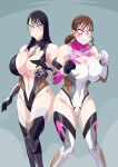 2_girls alluring bakuage_sentai_boonboomger big_breasts black_hair bodysuit boots brown_hair elbow_gloves gloves grey_eyes multiple_girls otokam1117 otokamu pink_eyes saibu_shirabe shifuto_mirai super_sentai thigh_high_boots
