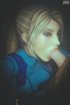 1boy 1girl 1girls 3d blonde_hair bodysuit close-up digital_media_(artwork) dim_lighting fellatio looking_at_viewer male metroid partial_male pigtails project_vega runny_makeup samus_aran tagme