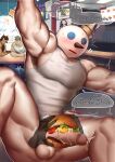  2023 3boys anon balls bara blush boner burger_fucking clothed clothing dialogue english_text erection exhibitionism exposed_penis faceless_male food_play high_res imminent_sex improvised_sex_toy jack_box jack_in_the_box looking_at_another male male/male/male male_only mascot mascots muscular muscular_male object_head partially_clothed penis penis_burger public shirt surprised text tfireuwulf yaoi yaoi 